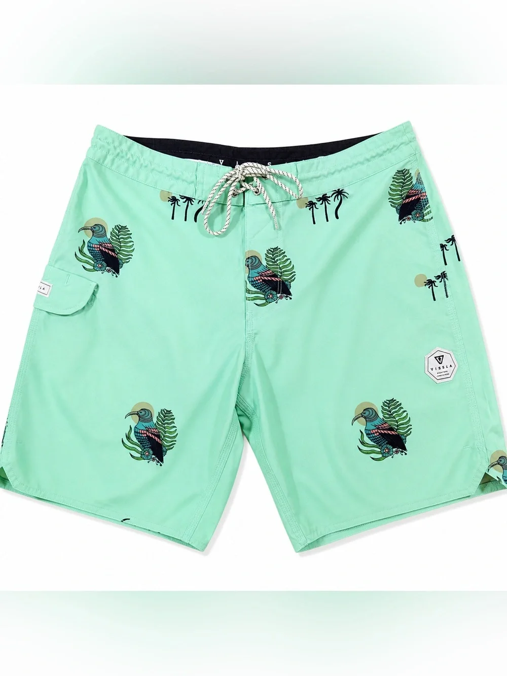 Vissla 34 Mint Tropical Bird Palm Tree Board Shorts Surf Swim